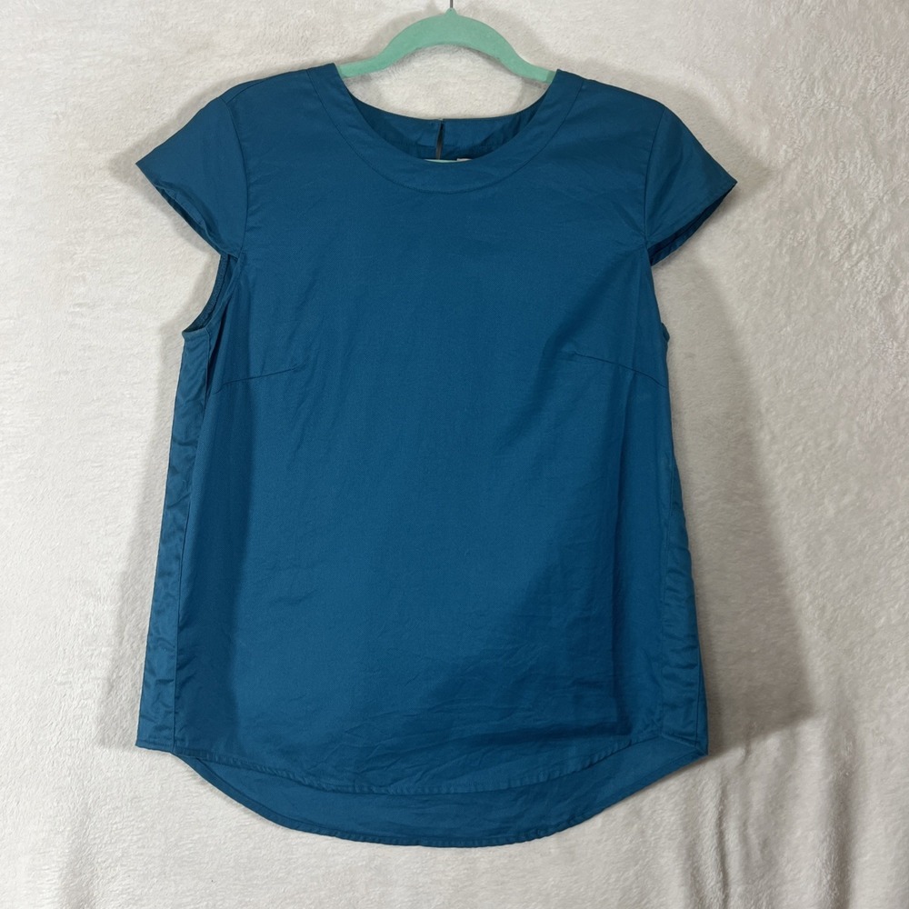 J Crew Womens Teal Aqua Blue Blouse Top Crew Neck Cap Sleeve 100% Cotton Small